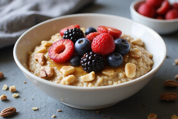 Článek o zdravých snídaních s obrázkem ovesné kaše s ovocem